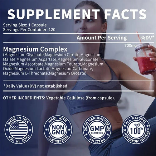 Magnesium Complex Capsules - Supports Bone, Digestive and Sleep Health, Relieves Leg Cramps, Soothes Nerves and Boosts Energy